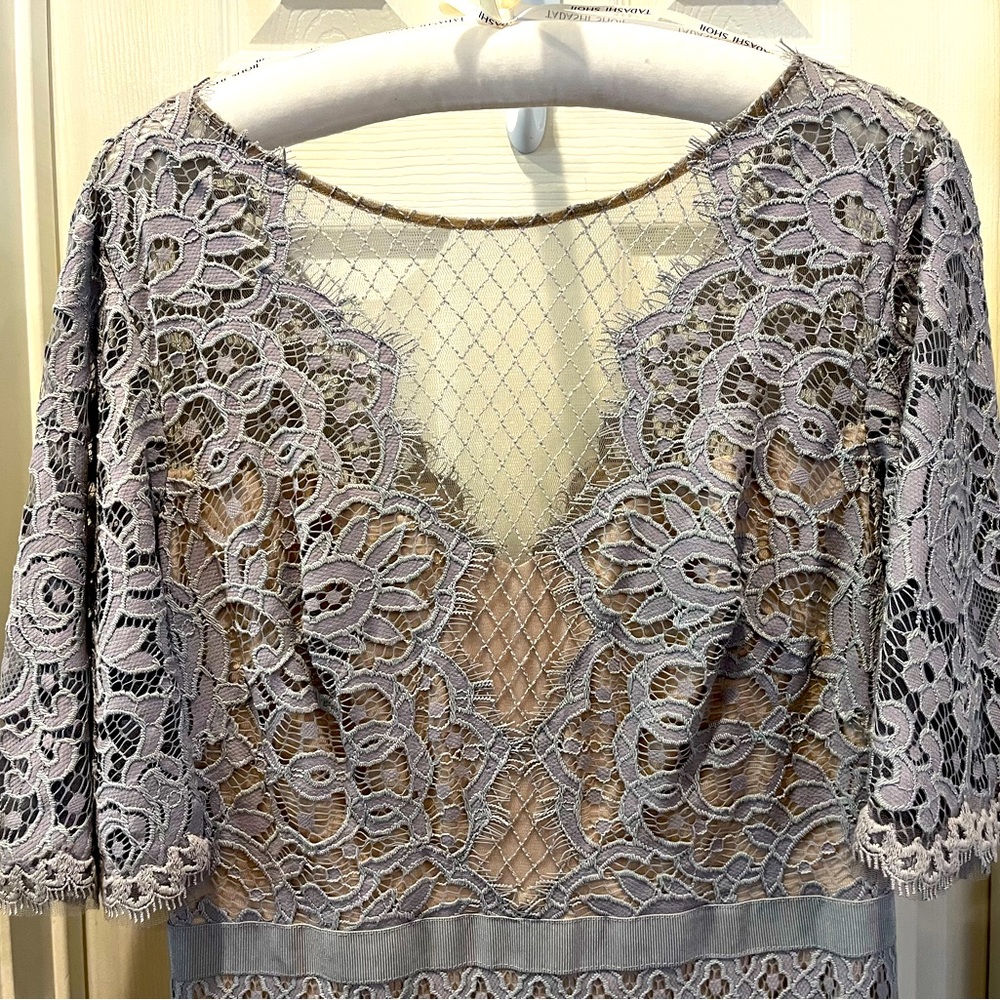 Stunning Tadashi Shoji blue-gray full lace gown